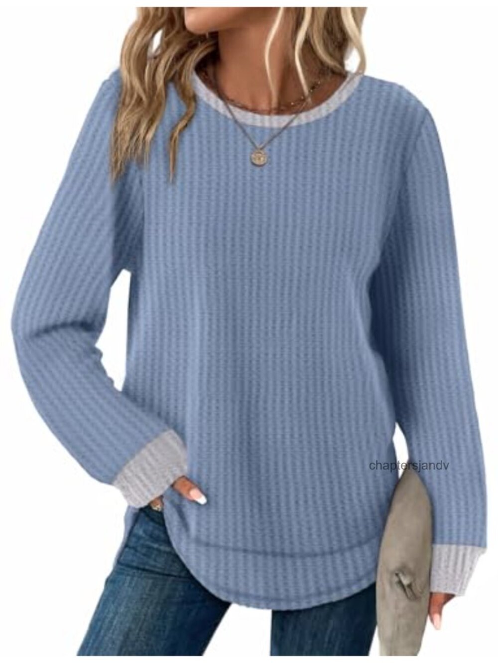 Womens Waffle Knit Tunic Top Long Sleeve Curved Hem Crew Neck Pullover